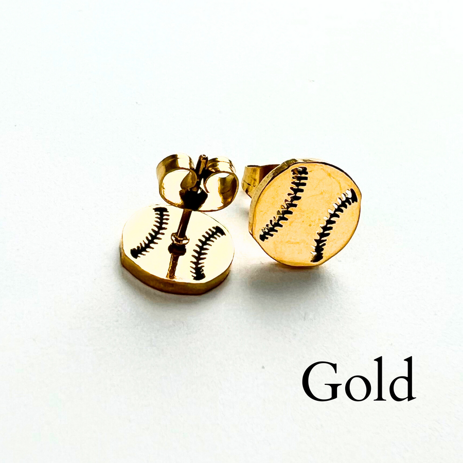 Cute minimalist baseball stud earrings in gold. Softball stud earrings in gold