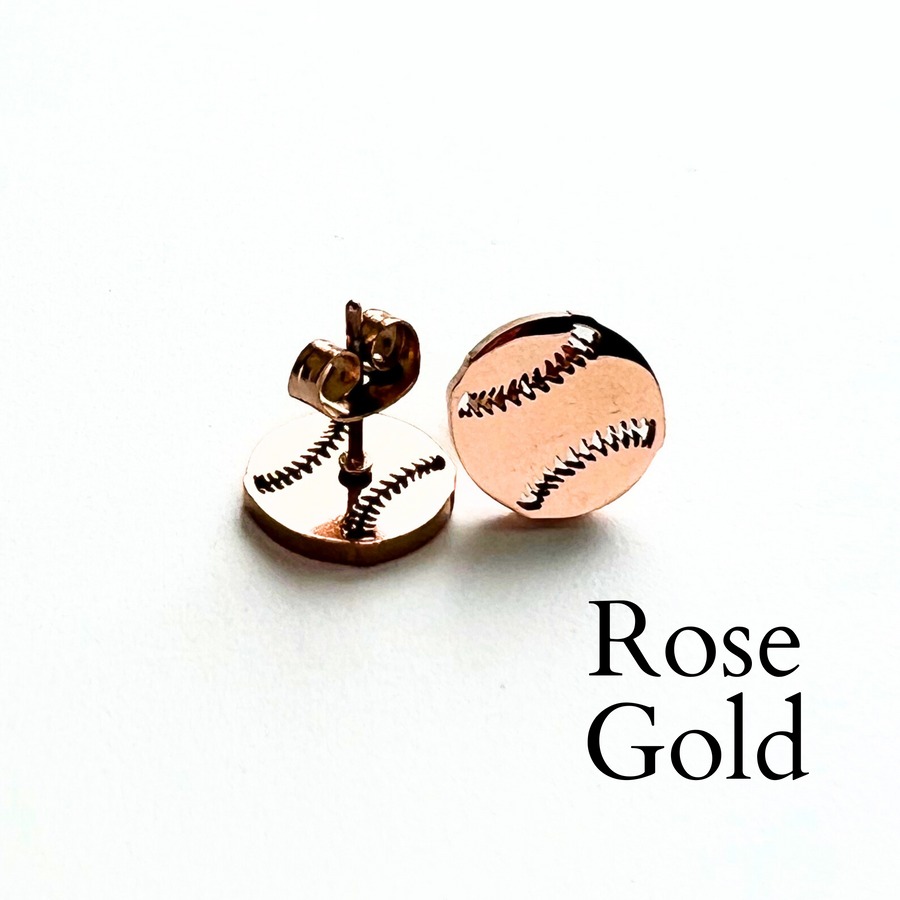 Cute minimalist baseball stud earrings in rose gold. Softball stud earrings in rose gold
