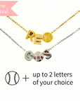 baseball/softball custom charm necklace examples in gold and silver with new arrival banner