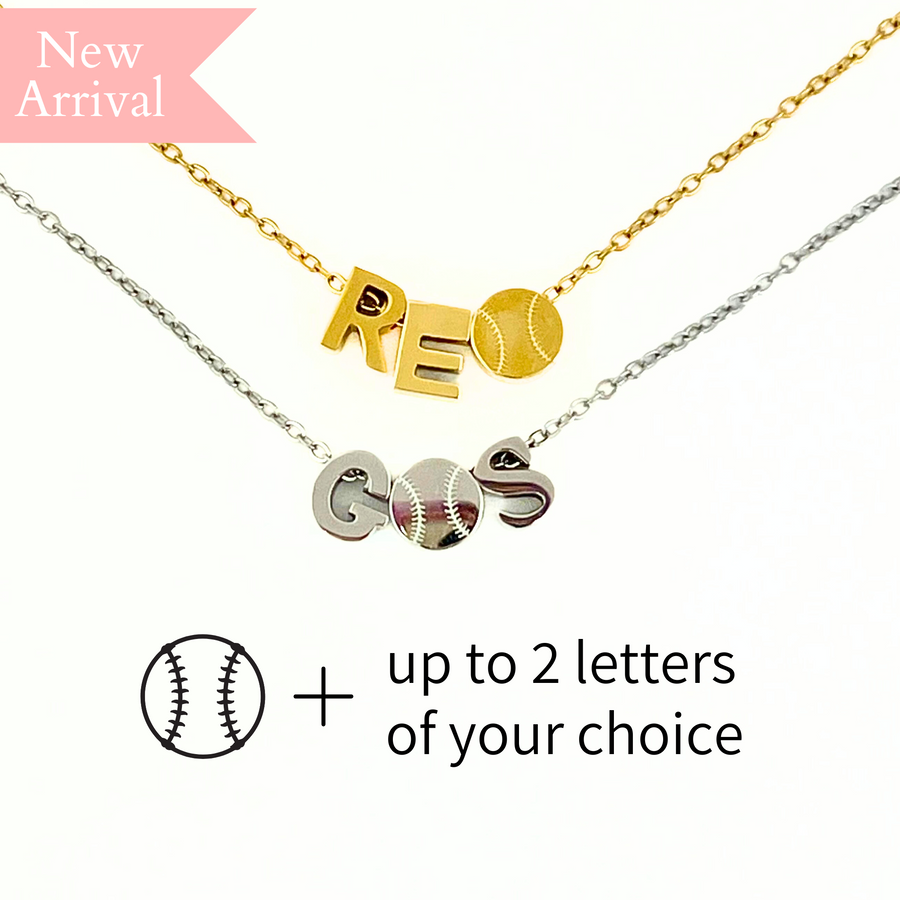 baseball/softball custom charm necklace examples in gold and silver with new arrival banner