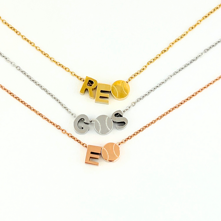 baseball/softball custom charm necklace examples in gold, silver, and rose gold