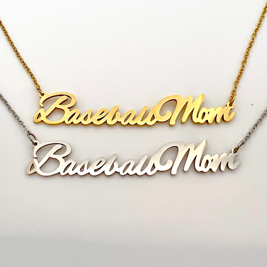Baseball mom necklace main product picture. Both gold and silver necklace is featured in this picture.