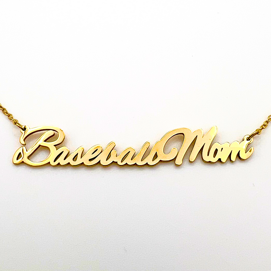 Close up picture of "Baseball Mom" Necklace in gold