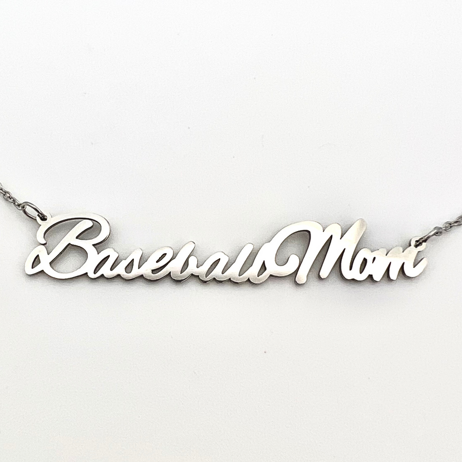 Close up picture of "Baseball Mom" Necklace in silver