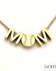 Closeup product picture of MOM baseball charm necklace in gold