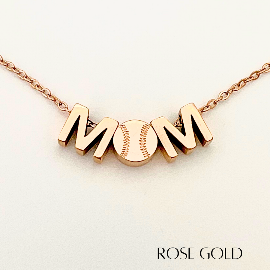 Closeup product picture of MOM baseball charm necklace in rose gold
