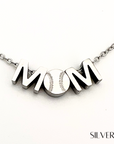 Closeup product picture of MOM baseball charm necklace in silver