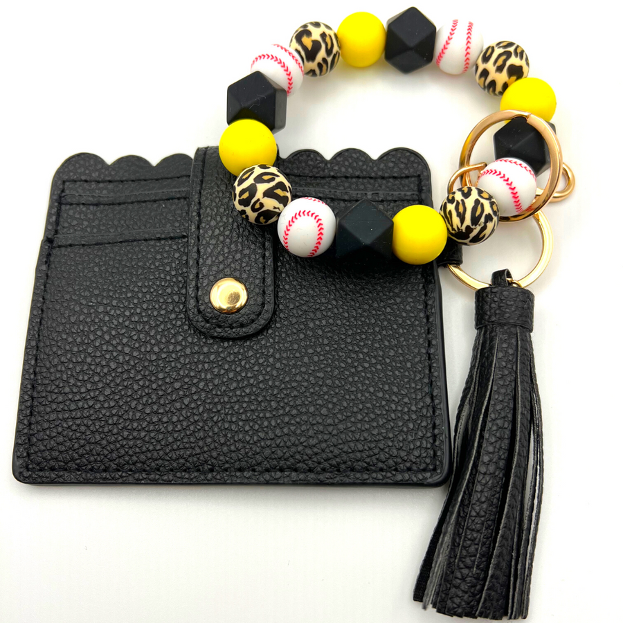 Baseball themed wristlet with wallet and keychain in black