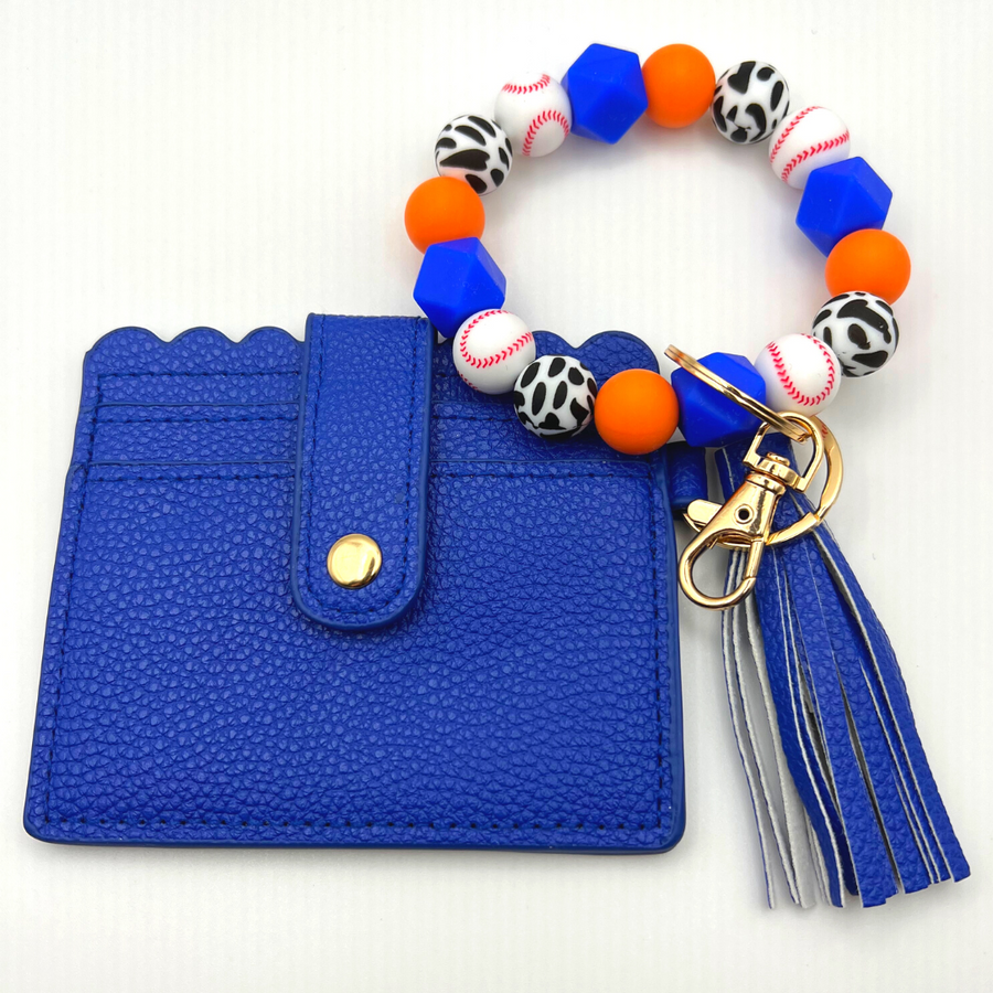 Baseball themed wristlet with wallet and keychain in orange and blue