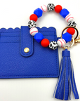 Baseball themed wristlet with wallet and keychain in red and blue