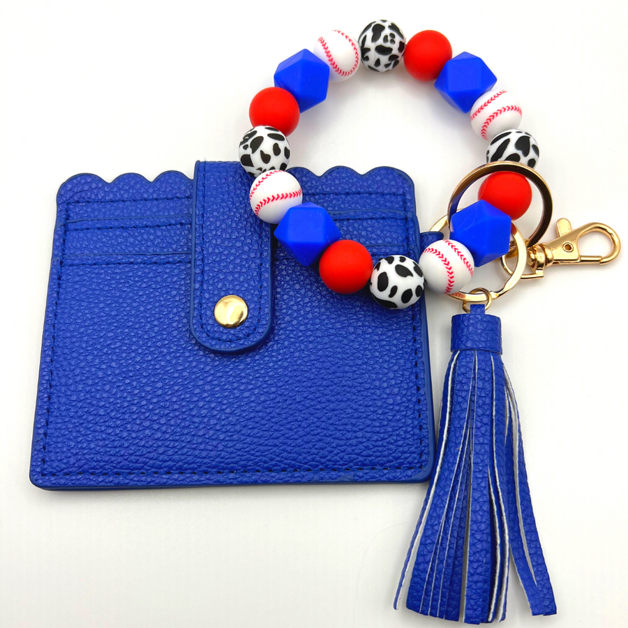 Baseball themed wristlet with wallet and keychain in red and blue