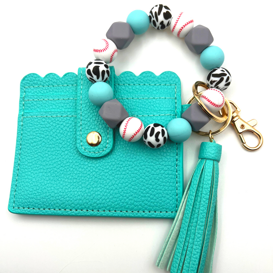 Baseball themed wristlet with wallet and keychain in teal