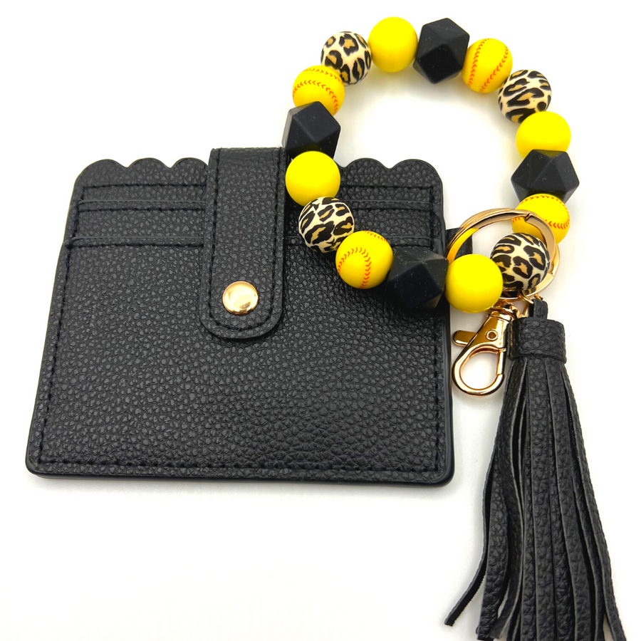 Softball themed wristlet with wallet and keychain in black