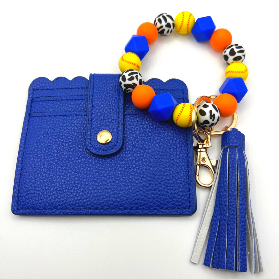 Softball themed wristlet with wallet and keychain in orange and blue