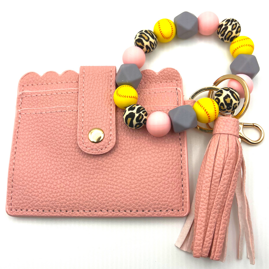 Softball themed wristlet with wallet and keychain in pink