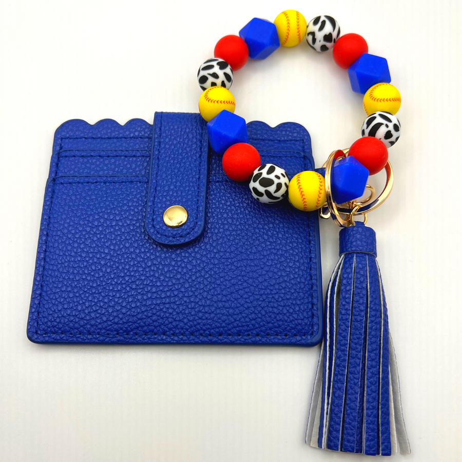Softball themed wristlet with wallet and keychain in red and blue