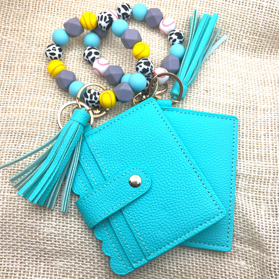 Baseball and softball themed wristlet with wallet and keychain in teal
