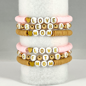 samples of love baseball and softball mom heishi beads bracelets